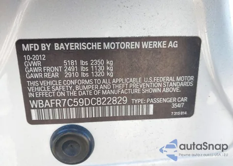 2013 BMW 535I from USA, damaged, VIN WBAFR7C59DC822829